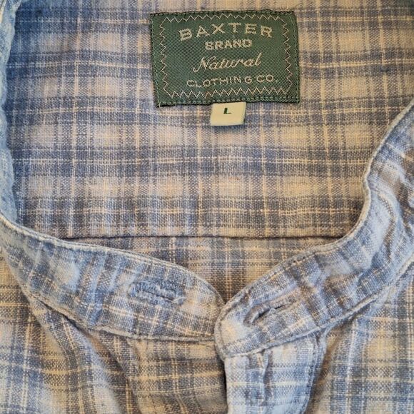 Baxter Brand Natural Clothing Shirt Linen Cotton Blend Blue Plaid L Band Collar - Picture 4 of 15